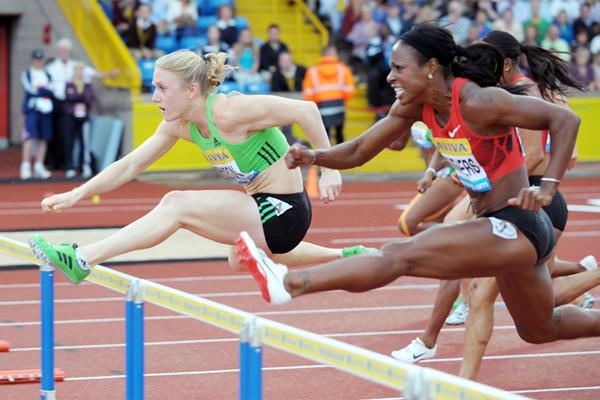 Sally Pearson hurdling to victory ahead of USA's Danielle Carruthers at the Birmingham Diamond League (Mark Shearman)