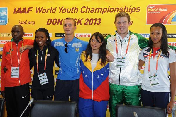 Robert Biwott, Ariana Washington, Volodymyr Myslyvchuk, Robeilys Peinado, Matthew Denny and Morgan Lake at the 2013 World Youth Championships press conference (Getty Images)