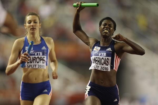 Christine Amertil of Team Americas holds off Team Europe to secure victory in the 4x400m relay in Split (IAAF.org)