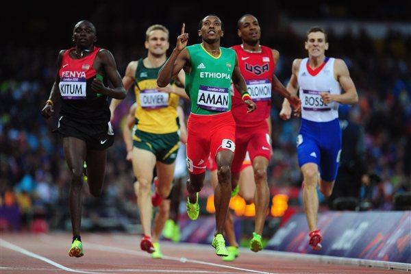(L-R) Timothy Kitum of Kenya and Mohammed Aman of Ethiopia competes in the Men's 800m Semifinals on Day 11 of the London 2012 Olympic Games at Olympic Stadium on August 7 2012 (Getty Images)