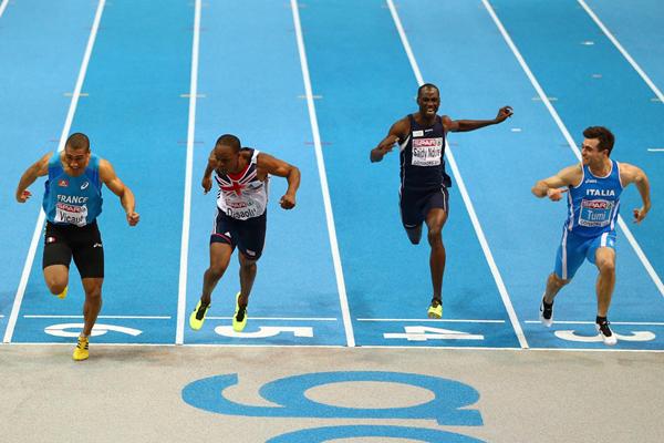 Jimmy Vicaut (left) out-dips James Dasaolu (second from left) in the 60m in Gothenburg (Getty Images)