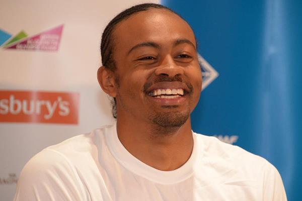Aries Merritt at the pre-event press conference for the 2013 IAAF Diamond League in London (Kirby Lee)