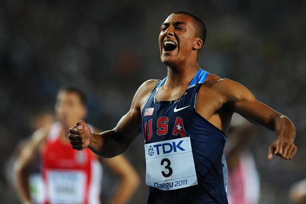 US decathlete Ashton Eaton celebrates winning the silver medal at the 2011 World Championships in Daegu (Getty Images)
