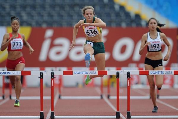 Helene Swanepoel, Samantha Gonzalez and Stephanie Cho in the girls 400m Hurdles at the IAAF World Youth Championships 2013 (Getty Images)
