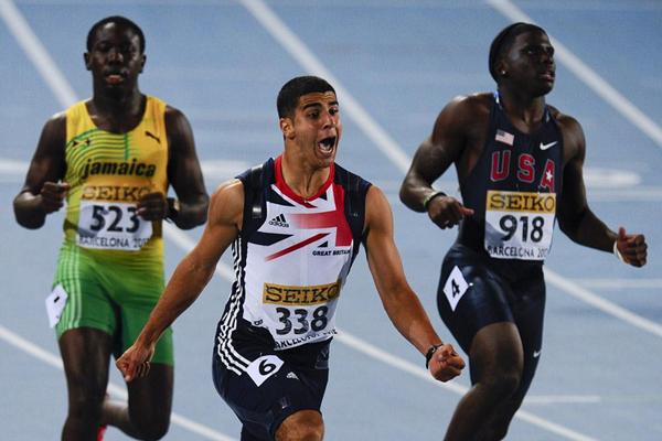 Adam Gemili of Great Britain wins his Men's 100 metres Final whereas Aaron Ernest (USA) is second, and Odean Skeen (JAM) has the third place on the day two of the 14th IAAF World Junior Championships in Barcelona (Getty Images)