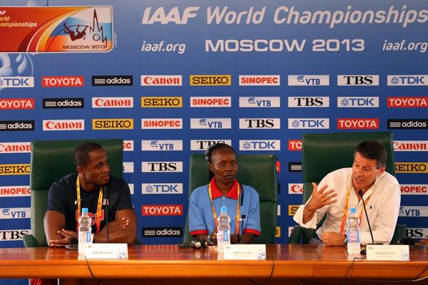Ambassadors press conference Moscow 2013: Dwight Phillips, Tegla Loroupe, Sebastian Coe (Getty Images)
