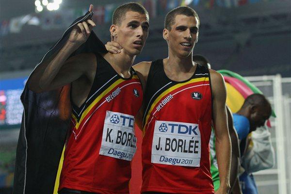 Kevin Borlee (L) of Belgium celebrates with his brother Jonathan Borlee after claiming bronze in the men's 400 metres final  (Getty Images)