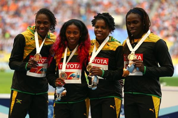 Womens Jamaican Team in the 4x100m Relay Medal Ceremony at the IAAF World Athletics Championships Moscow 2013 (Getty Images)