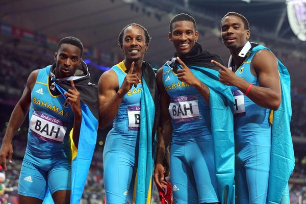 Chris Brown of the Bahamas, Demetrius Pinder of the Bahamas, Michael Mathieu of the Bahamas and Ramon Miller of the Bahamas celebrate winning gold in the Men's 4 x 400m Relay Final on Day 14 of the London 2012 Olympic Games at Olympic Stadium on August 10, 2012 (Getty Images)