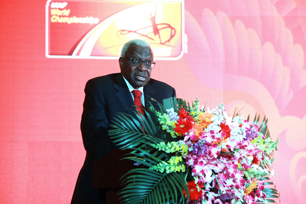 IAAF President Lamine Diack at the launch of ticket sales for the IAAF World Championships, Beijing 2015 (Beijing 2015 LOC)
