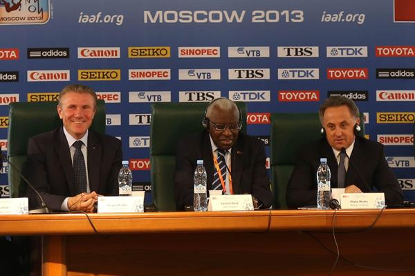 IAAF Press Conference, Moscow 2013 - Aug 18 - PHOTO l to r: Essar Gabriel, Sergey Bubka, Lamine Diack Vitaly Mutko, Valentin Balakhnichev (IAAF)