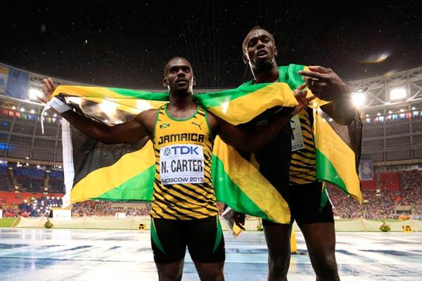 Usain Bolt and Nesta Carter in the mens 100m Final at the IAAF World Championships Moscow 1013 (Getty Images)
