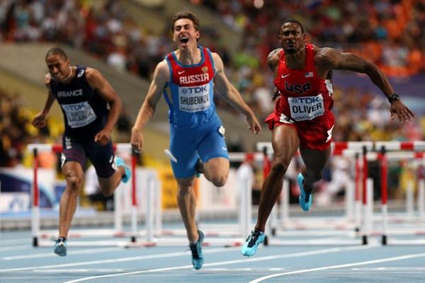 Action Shot in the mens 110m Hurdles Final at the IAAF World Athletics Championships Moscow 2013 (Getty Images)