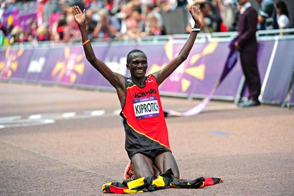 Gold winner Stephen Kiprotich of Uganda after finishing the Men's Marathon of the London 2012 Olympic Games on August 12, 2012 (Getty Images)