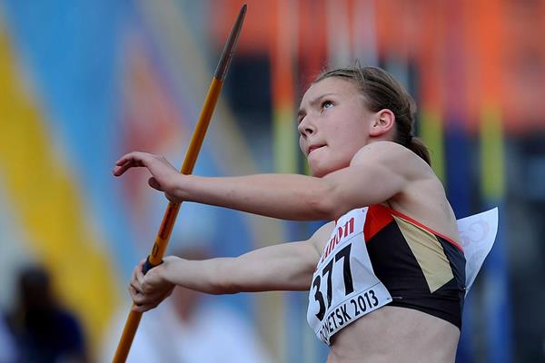 Germany's Celina Leffler in the heptathlon javelin at the 2013 World Youth Championships (Getty Images)