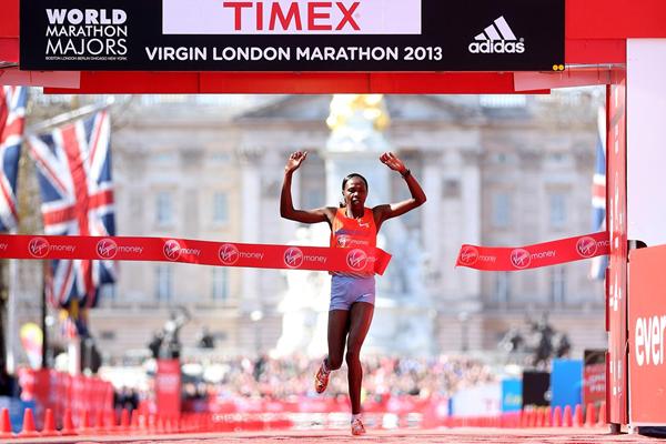 Priscah Jeptoo crosses the line victorious in the women's race at the 2013 London Marathon (Getty Images)