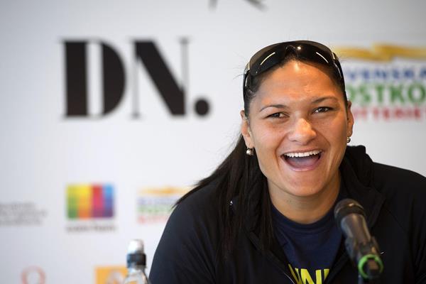 Valerie Adams at the pre-event press conference ahead of the 2013 IAAF Diamond League meeting in Stockholm (Anders and Hasse Sjogren)