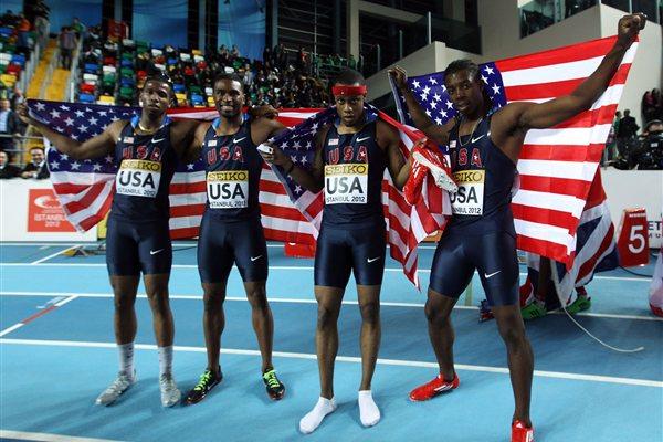 (L-R) Gil Roberts, Manteo Mitchell, Frankie Wright and Calvin Smith of the United States celebrate as they win gold in the Men’s 4x400 Metres Final during day three - WIC Istanbul (Getty Images)