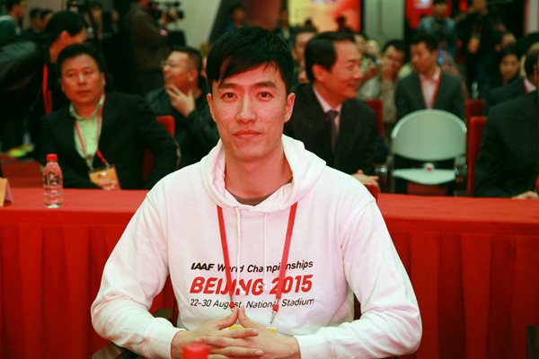 2004 Olympic 110m hurdles champion Liu Xiang at the launch of ticket sales for the IAAF World Championships, Beijing 2015 (Beijing 2015 LOC)