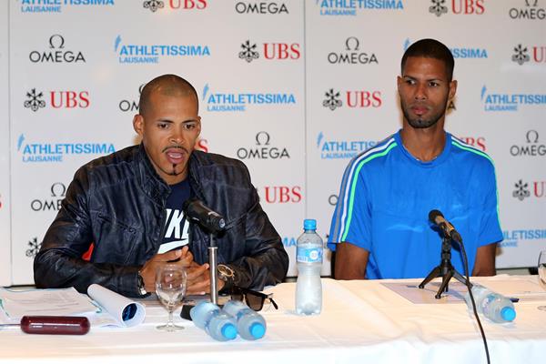 Felix Sanchez and Javier Culson at a press conference ahead of the 2013 Lausanne Diamond League (Gladys Chai)