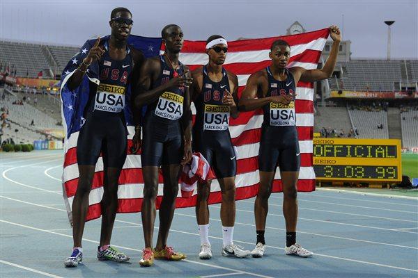 Quincy Downing, Aldrich Bailey, Chidi Okezie and Arman Hallof USA celebrate after winning the Men's 400 metres Relay Final on day six of the 14th IAAF World Junior Championships in Barcelona on 15 July 2012 (Getty Images)