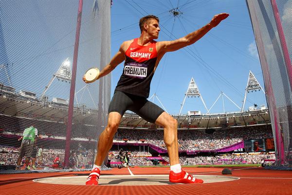 Rico Freimuth of Germany competes during the Men's Decathlon Discus Throw on Day 13 of the London 2012 Olympic Games at Olympic Stadium on August 9, 2012 (Getty Images)