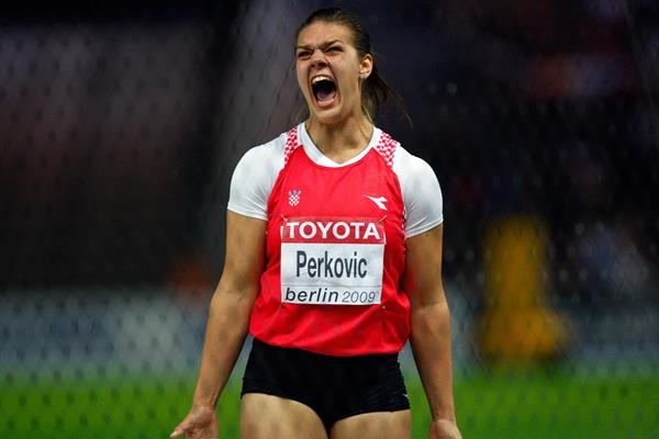 Sandra Perkovic reacts during the Discus final at the 2009 IAAF World Championships in Berlin (Getty Images)