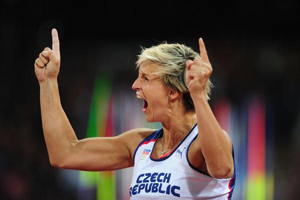Gold winner Barbora Spotakova of Czech Republic celebrating her victory in the Women's Javelin Throw Final of the London 2012 Olympic Games on August 9, 2012 (Getty Images)