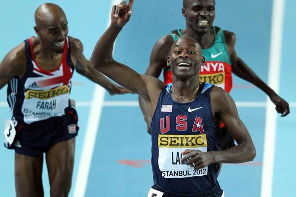 Bernard Lagat of the United States celebrates as crosses the line to win gold ahead of Mo Farah of Great Britain (L) and Edwin Sol of Kenya (R) in the Men’s 3000 Metres Final during day three - WIC Istanbul (Getty Images)