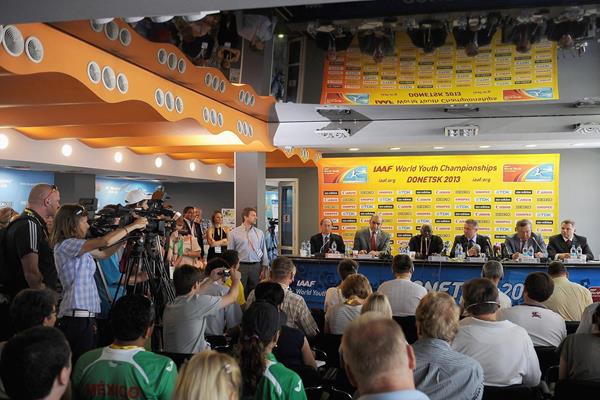 Valentin Balakhnichev, Essar Gabriel, Lamine Diack, Sergey Bubka, Valentyn Laktionov and Ihor Hotsul at the 2013 World Youth Championships press conference (Getty Images)