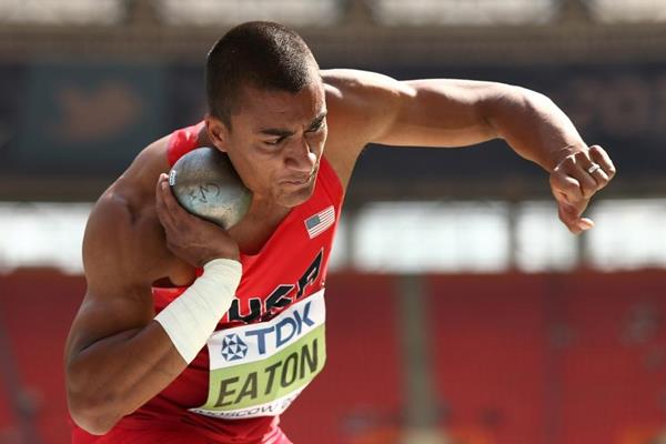 Ashton Eaton in men's Decathlon Shot Put at the IAAF World Athletics Championships Moscow 2013 (Getty Images)