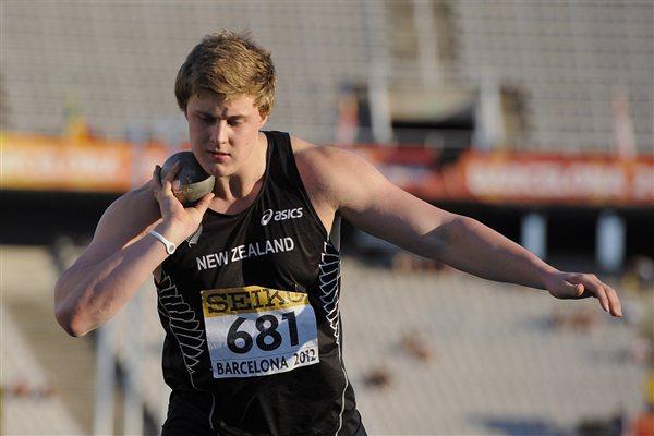 Jacko Gill of New Zeland competes for winning the gold medal during the Men's Shot Put final on the day two of the 14th IAAF World Junior Championships in Barcelona 2012 (Getty Images)