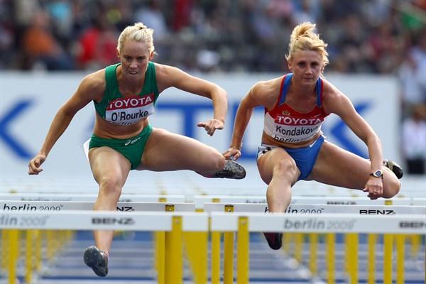 (L-R) Derval O'Rourke of Ireland and Yuliya Kondakova of Russia in action during the heats of the women's 100m hurdles in Berlin (Getty Images)