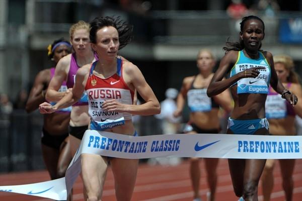 Mariya Savinova takes down a strong Eugene field in 1:57.56 (Kirby Lee)