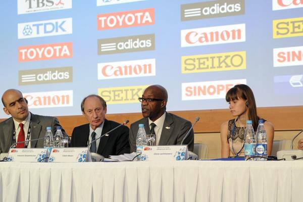 Edwin Moses talking at the IAAF press conference at SportAccord (Organisers)
