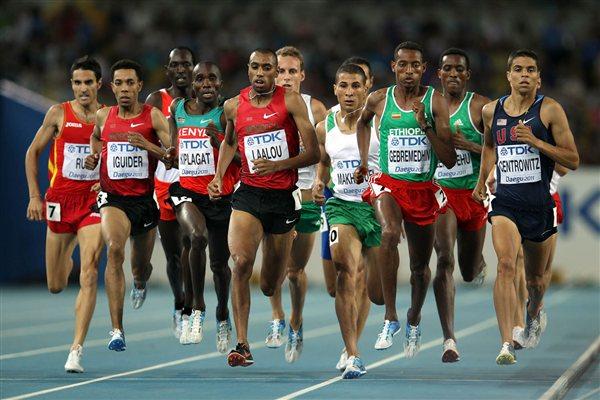 (L-R) Diego Ruiz of Spain, Abdalaati Iguider of Morocco, Silas Kiplagat of Kenya, Amine Laalou of Morocco, Taoufik Makhloufi of Algeria, Mekonnen Gebremedhin of Ethiopia, Zebene Alemayehu of Ethiopia and Matthew Centrowitz of United States compete in the men's 1500 metres semi finals (Getty Images)