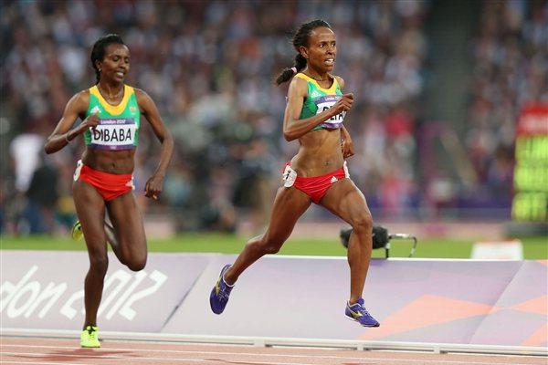 Meseret Defar of Ethiopia and Tirunesh Dibaba of Ethiopia approach the finish line in the Women's 5000m Final on Day 14 of the London 2012 Olympic Games on 10 August 2012 (Getty Images)