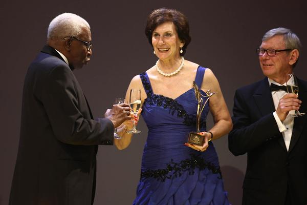 IAAF President Lamine Diack, IAAF Hall of Fame members Irena Szewinska and Peter Snell at the IAAF Centenary Gala in Barcelona (Giancarlo Colombo)