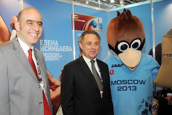 IAAF General Secretary Essar Gabriel and Russian Minister of Sport Vitaly Mutko with the Moscow 2013 mascot (Organisers)