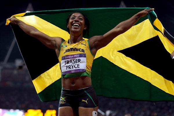 Shelly-Ann Fraser-Pryce of Jamaica celebrates winning the gold in the Women's 100m Final on Day 8 of the London 2012 Olympic Games at Olympic Stadium on August 4, 2012 (Getty Images)