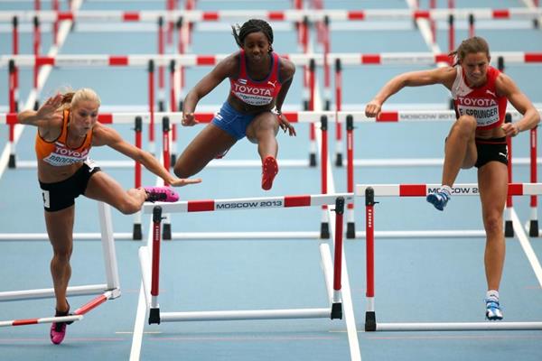 Action Shot in the womens Heptathlon 100m Hurdles at the IAAF World Athletics Championships Moscow 2013 (Getty Images)