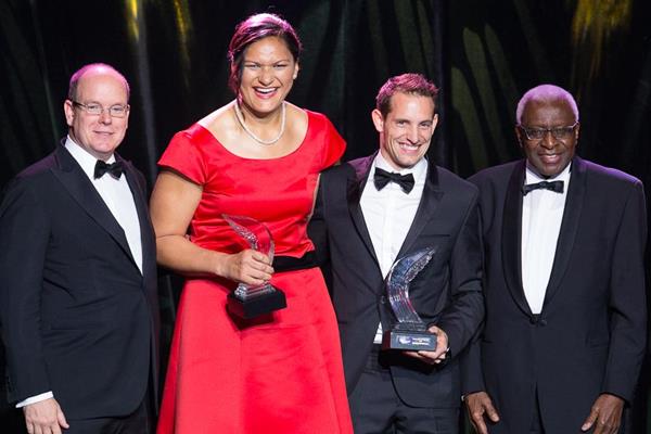2014 World Athletes of the Year Renaud Lavillenie and Valerie Adams with HSH Prince of Monaco and IAAF president Lamine Diack (Philippe Fitte / IAAF)