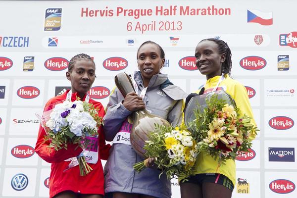 Worknesh Degefa, Gladys Cherono and Isabella Ochichi on the podium at the 2013 Hervis Prague Half Marathon (Hervis Prague Half Marathon )