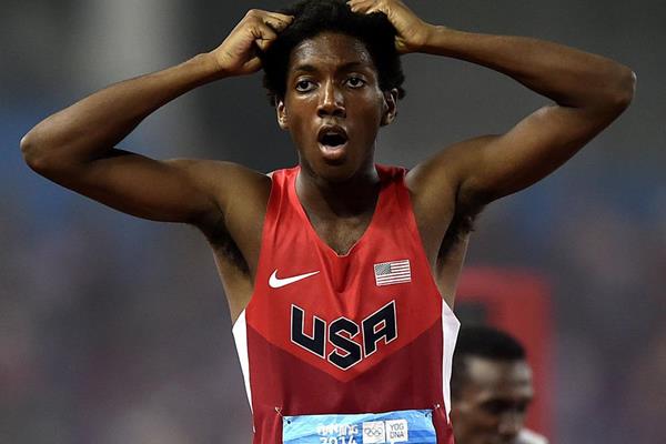 Myles Marshall after winning the 800m at the Youth Olympic Games in Nanjing (YOG LOC)