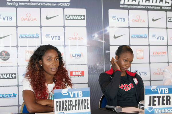 Shelly-Ann Fraser-Pryce and Carmelita Jeter at the Monaco Diamond League press conference (Philippe Fitte)