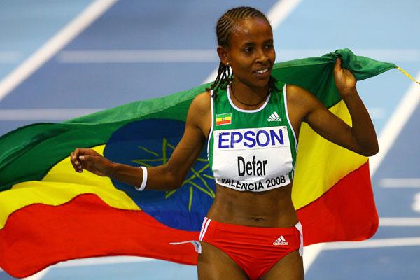 Meseret Defar celebrates her third successive world indoor 3000m gold (Getty Images)
