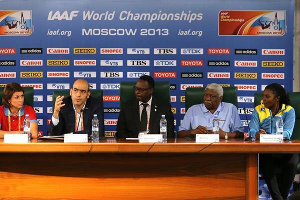 The IAAF Ambassadors Press Conference: Tatyana Lebedeva, Esser Gabriel and the Bahamas delegation (Getty Images)
