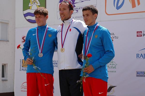 (L-R) Mikhail Ryzhov, Yohann Diniz and Ivan Noskov on the men's 50km podium at the 2013 European Cup Race Walking (organisers)