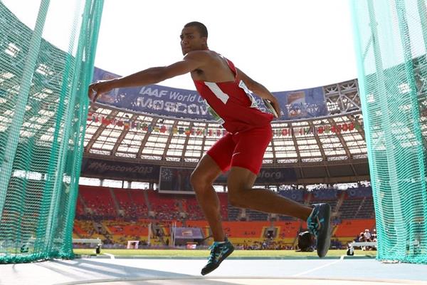 Ashton Eaton in the mens Decathlon Discus Throw at the IAAF World Athletics Championships Moscow 2013 (Getty Images)