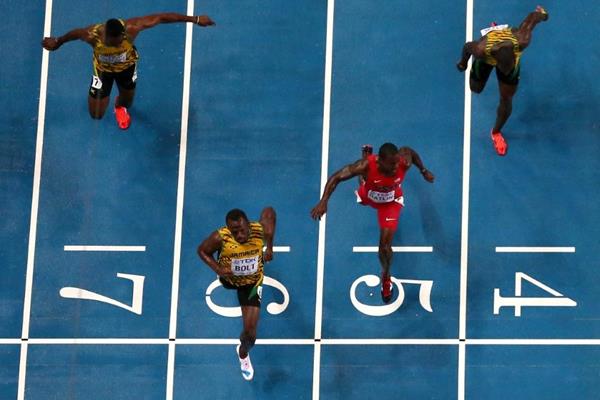 Action shot in the mens 100m Final at the IAAF World Championships Moscow 1013 (Getty Images)